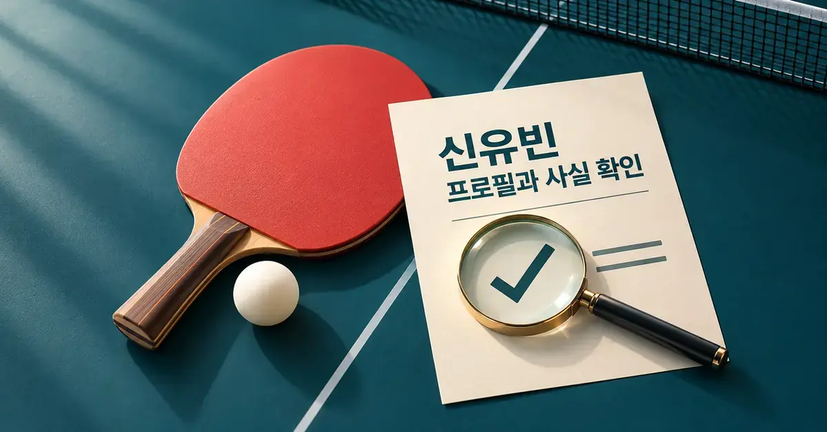 탁구대 위의 빨간 라켓과 탁구공, 돋보기 아래 확인 표시가 있는 문서로 신유빈의 프로필과 사실 확인을 표현한 이미지.